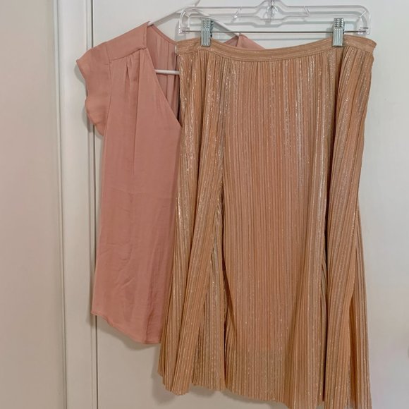 Relaxed Metallic Pleated Midi Skirt Sz S US Maeve Anthropologie Ambra Rose Gold - Picture 12 of 12